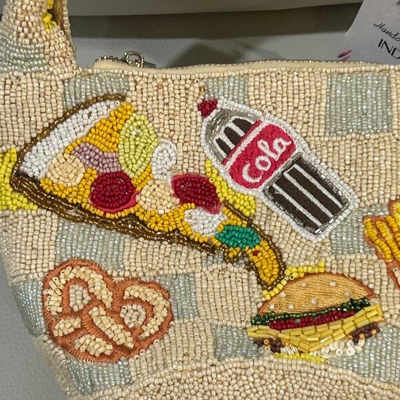 Food Pizza Burger Coke Fries Hotdog Beaded Bag Handcrafted in India NWT Viral - Picture 7 of 8